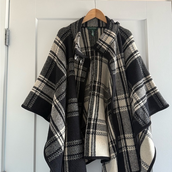 Lauren Ralph Lauren Jackets & Blazers - RARE. Lauren Ralph Lauren Plaid Lambs Wool Coat and Cape- Black and Ivory.